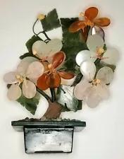 Vintage Asian Bonsai Tree Jade Agate Quartz Glass Flower Leaves Stones Pot 7"