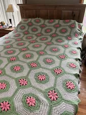 Vintage Handmade Crochet Afghan Queen Size Blanket Green Pink & White ~ 115x72