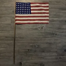 Vintage WW 2 Era 48 Star Linen American US 16” x 11” Parade Flag On Stick