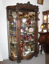 Antique Oak China Cabinet - Hooded Canopy with Carved Ladies - Original Finish -