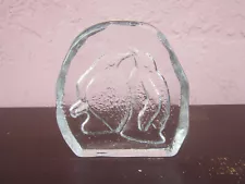 Two Penguins Etched In Clear Hard Glass Paperweight For Sale!!!