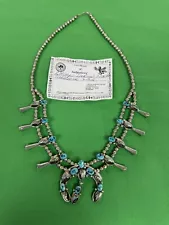 STERLING SILVER SQUASH BLOSSOM NECKLACE 22" TURQUOISE 59 GRAMS