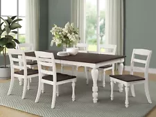 ON SALE - Farmhouse Style White & Brown Finish Dining Table & 6 Chairs Set IN76