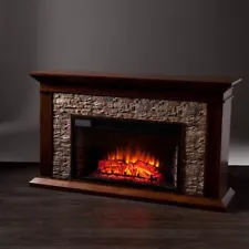 Large Electric Fireplace w/ Stacked Stone Facade With Matching Media Shelf Top