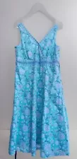 Anokhi For East Long Dress Cotton Hand Block Print Aqua Blue Dress 14 Uk 42” CH