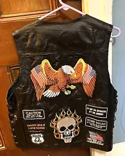 Vintage 90s Patched Patches Buffalo Leather Motorcycle Biker Vest Eagle Skull L