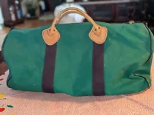 Vintage L L Bean Green Canvas Leather Boat Tote Weekender Duffel Bag Blue Stripe