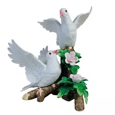 Romantic Love Birds Serenity White Doves Figurine Sitting on Branch Pink Roses