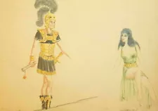 Vintage pencil painting portrait theatre scene design roman soldier and woman