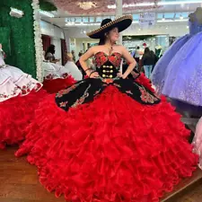 Black Red Quinceanera Dresses Embroidery Appliques Ball Gown Party Sweet 15 16-