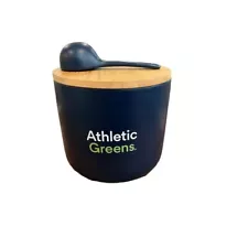 Athletic Greens Navy Blue Ceramic Canister Jar w/ Lid & Spoon Scoop Bamboo Lid E