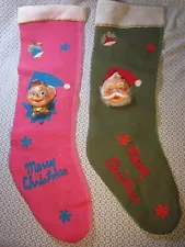 2 Vintage Handmade Burlap Stockings Soft Rubber Santa Face and Pixie Elf Face