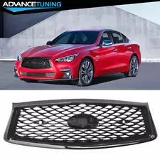 Fits 18-24 Infiniti Q50 Gloss Black Front Bumper Mesh Grille w/ Parking Sensor