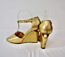 CHANEL Gold Leather Wedge Open Toe Shoes Size 40 / 9 On Sale sn