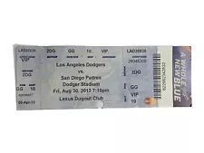 LOS ANGELES DODGERS Used VIP Game Ticket Stub VS Padres Aug 30, 2013