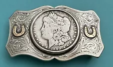 Rare 1890-CC Morgan Silver Dollar Sterling Silver & Gold Horseshoes Belt Buckle