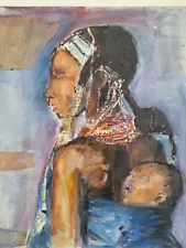 Antique paintings oil on canvas african woman and child Kenya.Peinture Africain