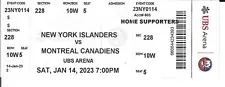 NEW YORK ISLANDERS MONTREAL CANADIENS JANUARY 14,2023 NHL STUB Ticket USB ARENA