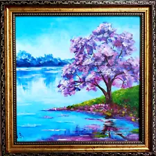 Jacaranda Painting Lake Landscape art Blooming Tree Gold Framed Artwork 9.5x9.5"