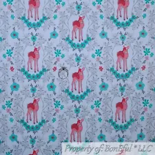 BonEful FABRIC Cotton Quilt White Green Pink Flower Tree Deer Baby Damask SCRAP