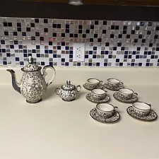 Vintage China SILVER PAINTED TEA SET FOR 6 Floral Daisy Bud Handle Ivory Lattice