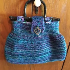 SALE Hand Made Lined Crafted Knitting Bag Handbag Design Blue Purple Beauty