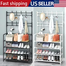 3-in-1 Entryway Coat Rack Shoe Storage Bench Pipe Style Hall Tree with 8 Hooks