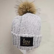 Love Your Melon Gray Speckled Black Patch Cuffed Beanie w Pom Poof Winter Hat