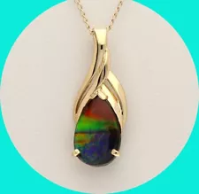 Ammolite Doublet Teardrop Pendant Necklace 14K Yellow Gold 18” Chain