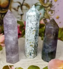 Pretty Crystal Towers 3pcs sale Fluorite, Moss Agate, Ocean Jasper - IMPERFECT