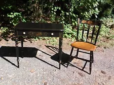 Vintage L. Hitchcock Harvest Stencil Black Desk Table Vanity + Arrow Back Chair