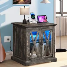 Farmhouse Bedside Table with Charging Station & LED Light Nightstand for Bedroom