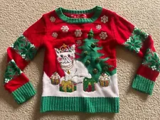33 Degrees Christmas Sweater Girls XS 4/5 White Cat Pom Poms Holiday Sequins Gem