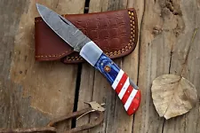 Damascus handmade Back Lock American Folding Pocket Skiner Camping Hunting Knife