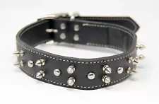 BLACK Genuine LEATHER METAL STUD SPIKED DOG COLLAR Medium Large Thick Heavy USA