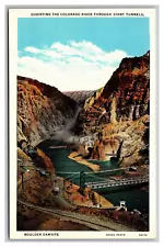 Boulder Damsite Diverting Colorado River through Giant Tunnels Linen Postcard