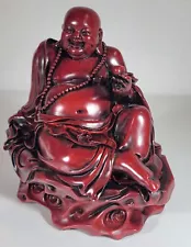 Large Vintage Red Resin Laughing Buddha Figurine Statue