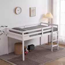 Twin Size Low Loft Bed with Ladder and Guardrail for Toddler Kid Teen White