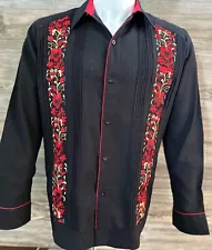 Men Mexican Guayabera Wedding Dress Shirt Black Double Red Flower Embroidery