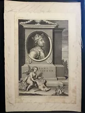 Original Rare Antique Portrait Engraving by George Vertue of King Stephen