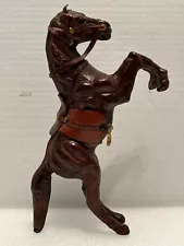 Vintage Paper Mache Leather Wrapped Black Horse Rearing Statue Figure 9.5”