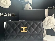 New CHANEL 23B Classic Flap Medium Wallet Black Caviar Leather Gold BIG CC Bag