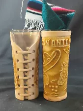 2 western Embossed Hand Tooled Leather Shot Glass San Antonio Texas horse cowboy