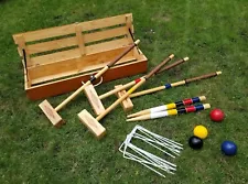 Vintage Old School Sports Gold Edition Croquet Set in Wooden Carry Storage Crate