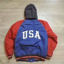 Vintage Polo Ralph Lauren USA Hooded Bomber Jacket 90s Spellout Patch Flag Mens