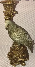 Elegant Dick Hsiao Jade Green Parrot On Gold Flowers 12” Votive Candle Holder