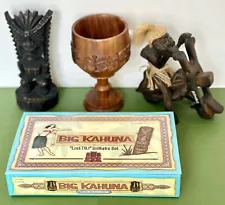 Fun TIKI Decor- Carved Wood Biker & Cup / Goblet + Figure + Game - Nice Lot of 4