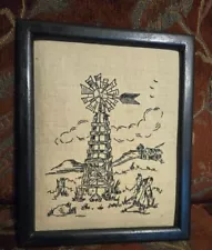 VTG FRAMED NEEDLEPOINT EMBROIDERY WEATHER WINDMILL VANE BARN WOOD 9 x 11