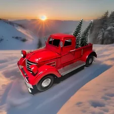 Vintage Red Truck with 2pcs Christmas Trees Ornaments Metal Pickup Decoration