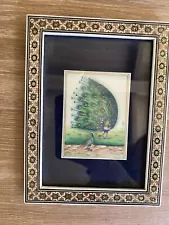 Persian Miniature Green Peacocks Painting In Khatam Art Frame Vintage Fotowat